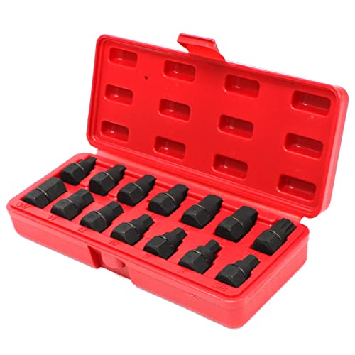 ARC-POWER 14 pc 3/8" Drive Socket Master Oil Drain Plug Key Set M16 Spline Car Hex Square