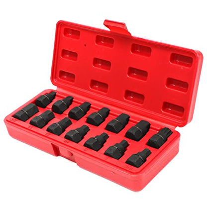 ARC-POWER 14 pc 3/8" Drive Socket Master Oil Drain Plug Key Set M16 Spline Car Hex Square