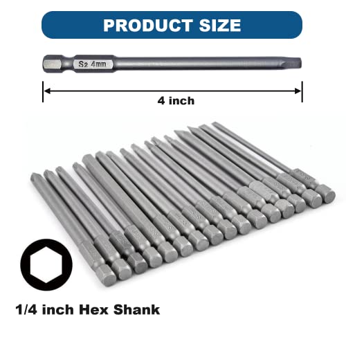 VESTTIO 4-in-1 Hex Phillips Slotted Security Torx Long Screwdriver Bits Set with Magnetic 16PCS 1/4 Inch Hex Shank 4 Inch/100 mm Length S2 Steel for Power Screwdriver Drill Impact Driver | 4 Hex 4 Phillips 4 Slotted 4 Security Torx, 1/4 Inch Hex Shank, S2