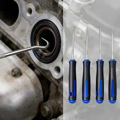 4-Piece Precision Hook and Pick Set - Automotive O-Ring Remover & Oil Seal Puller Tool Kit, Mechanic Hand Tools for Gaskets, Springs & Wires, 6.5 Inch Heat-Treated Shafts with Ergonomic Grip(Blue) - color: Blue