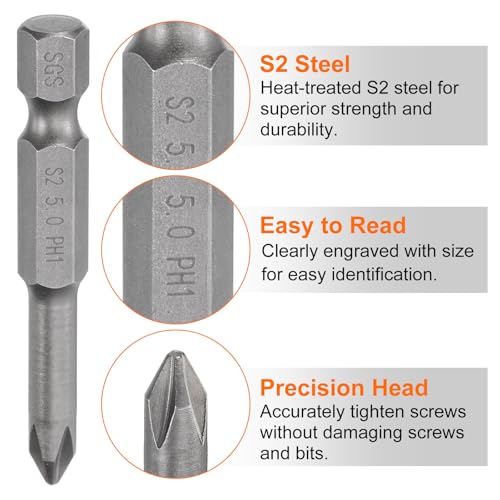 HARFINGTON 5pcs #1 Phillips Screwdriver Bit PH1 1/4" Hex Shank 2" (50mm) Long Magnetic S2 Steel Industrial Grade Screw Driver Bit Cross Head Electric Drill Bits 0.197" (5mm) Rod - size: PH1 x 50mm x 5mm