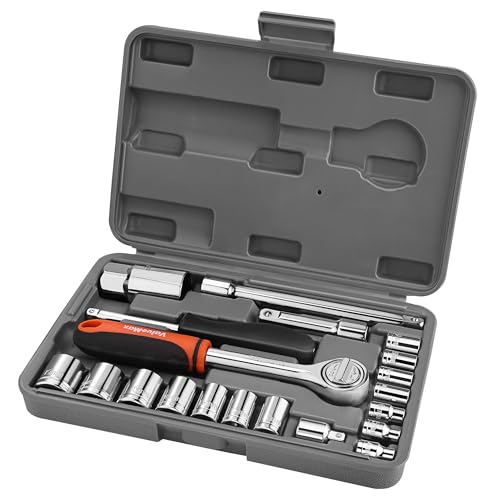 ValueMax Metric 1/4" & 3/8" Drive Socket Set, 21PCS 4-19mm Socket Wrench | Car Tool Kit with Ratchet Wrench, Extension Bars, Adapter, Spinner Handle and Storage Case, for Automotive Repair