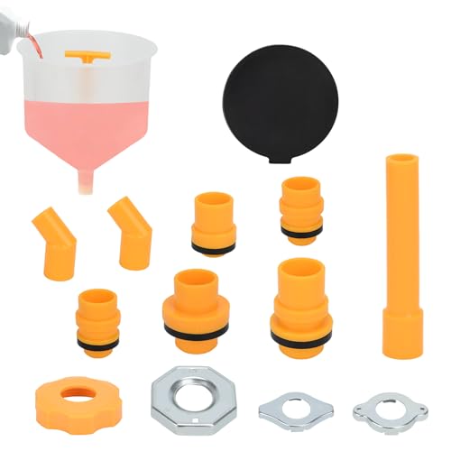 No-Spill 15-Piece Coolant Funnel Kit with Radiator Adapters, Extensions, Fluid Stopper for Hard-to-Reach Radiators, Professional Auto Maintenance Tool Set