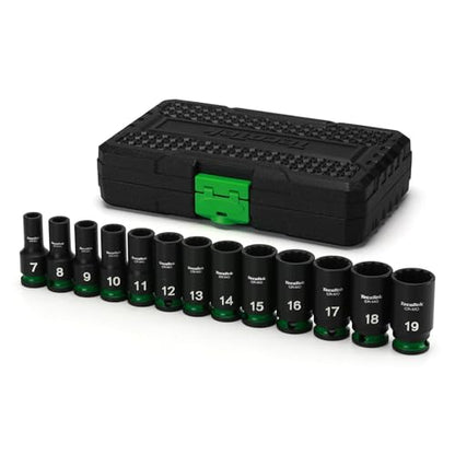 TecoTek 3/8-Inch Drive 12-Point Metric Semi-Deep Impact Socket Set, Mid-Length Socket Set, 7mm to 19mm, CR-MO, Stamped and Ink Filled Size Marking, 13-Piece - size: 7mm to 19mm