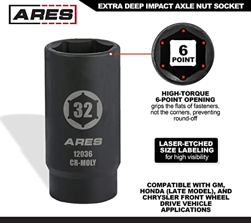 ARES 12036 32MM Axle Nut Socket, 6 Point Socket | Extra Deep 1/2-Inch Drive Impact Socket for Easy Removal of Axle Shaft Nuts - size: 32mm 6-Point