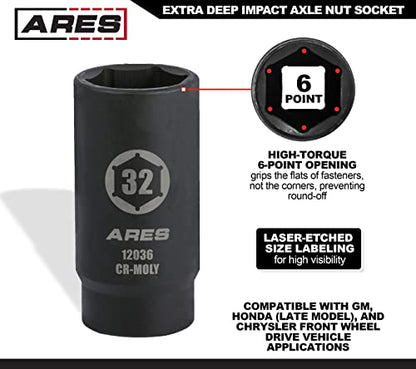 ARES 12036 32MM Axle Nut Socket, 6 Point Socket | Extra Deep 1/2-Inch Drive Impact Socket for Easy Removal of Axle Shaft Nuts - size: 32mm 6-Point