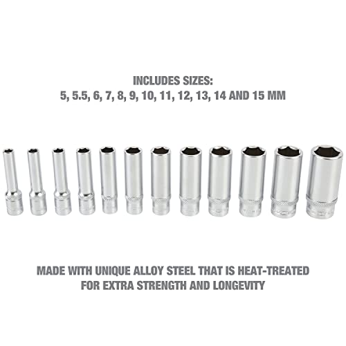 OEMTOOLS 23986 12 Piece Deep 1/4 Drive Socket Set, Deep Socket Set Metric 5-15mm, Heat-Treated Alloy Steel Sockets, Hard Chrome Finish, EVA Tray Storage - style: 1/4" Metric