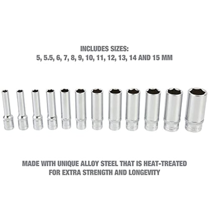 OEMTOOLS 23986 12 Piece Deep 1/4 Drive Socket Set, Deep Socket Set Metric 5-15mm, Heat-Treated Alloy Steel Sockets, Hard Chrome Finish, EVA Tray Storage - style: 1/4" Metric