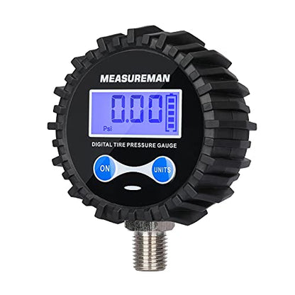 MEASUREMAN 2-1/2" Dial Size Digital Air Pressure Gauge with 1/4'' NPT Bottom Connector and Protective Boot, 0-15psi, Accuracy 1%, Battery Powered - size: Long thread, style: 0-15psi