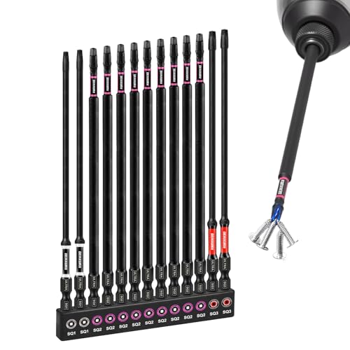 Geinxurn Double Impact #1#2#3 Square Screwdriver Bits Set, 13pcs 6” (PH1/PH2/PH3) Magnetic D2 Steel Long Extension Driver Bits Set with Color Coded Base - size: 13pcs-6“-SQ