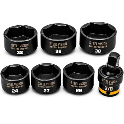 Steel Vision 7-Piece Low Profile Oil Filter Socket Set, 3/8" Drive Oil Filter Cap Removal Tool Kit with 24, 27, 29, 32, 36, 38mm Sockets and Universal Joint Adapter, CR-V Steel