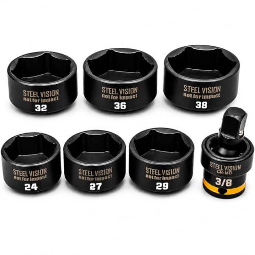 Steel Vision 7-Piece Low Profile Oil Filter Socket Set, 3/8" Drive Oil Filter Cap Removal Tool Kit with 24, 27, 29, 32, 36, 38mm Sockets and Universal Joint Adapter, CR-V Steel