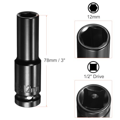 HARFINGTON Deep 6-Point Impact Socket 1/2" Drive 12mm Metric Socket 3" Length with 1/4" Hex Shank Adapter, CR-V Steel Socket Adapter Accessory Tool Set Kit for Hex Bolts Nuts - size: 12mm