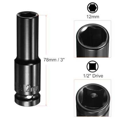 HARFINGTON Deep 6-Point Impact Socket 1/2" Drive 12mm Metric Socket 3" Length with 1/4" Hex Shank Adapter, CR-V Steel Socket Adapter Accessory Tool Set Kit for Hex Bolts Nuts - size: 12mm