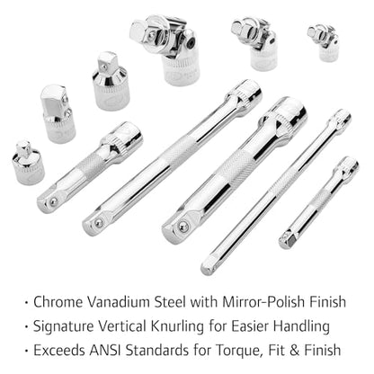 Ingersoll Rand 11-Piece Socket Accessory Set, Chrome Vanadium Steel, Includes U-Joints, Adapters & Extensions in 1/4", 3/8", 1/2" Drive, with Thermoform Organizer Tray – 752055X