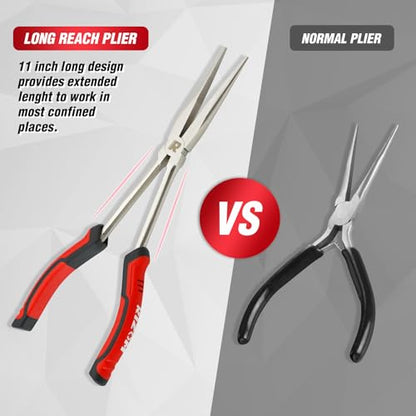 RIZOM 11 Inch Long Needle Nose Pliers, 3Pcs Needle Nose Pliers Set, 90° & 45° Bent Nose Pliers Designed for Long Reach and Narrow Spaces, Includes Storage Bag - size: 3PCS-1