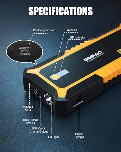 GOOLOO GP3000 3000A Jump Starter,12V Car Battery Jump Starter for up to 9.0L Gas Engines & 7.0L Diesel, Supersafe Lithium Jump Box Battery Booster Pack, Auto Battery Starter with USB Quick Charge - color: Yellow
