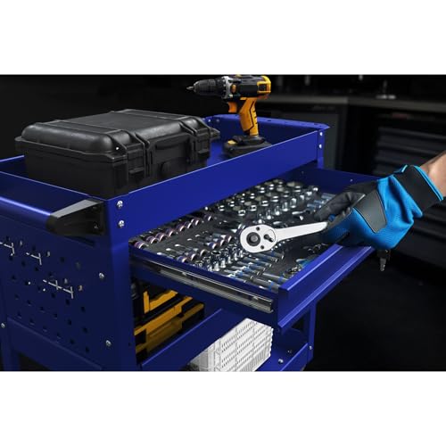 3-Tier Rolling Utility Cart, Metal Tool Cart on Wheels with Lockable-Blue | 330 lb. Load Capability Heavy Duty Tool Cart with Drawers, Mechanic Tool Cart for Garage, Warehouse, Repair Shop - color: Blue
