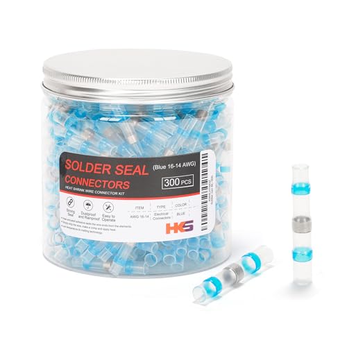 HKS 300PCS Solder Seal Wire Connectors – 16-14 AWG Blue Heat Shrink Butt Terminals – Waterproof Electrical Wire Splice for Automotive, Marine, and DIY Wiring - color: BLUE 16-14 AWG, size: 300PCS