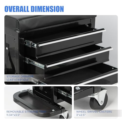 ZeHuoGe 3 Drawer Tool Chest, Rolling Mechanic Seat with Tool Trays, 2-In-1 Tool Chest, 350lbs Max Weight Capacity