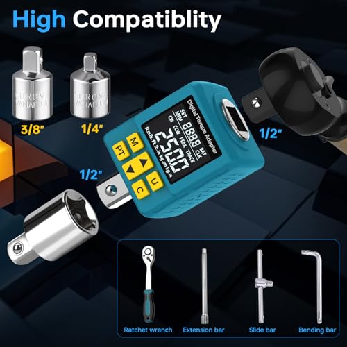 Upgrade Digital Torque Adapter, (±1% Accuracy, 12.5-250Ft-lb), 1/2" Digital Torque Wrench Adapter for Car, Versatile Meter - Smart Alert | Peak/Track | Preset | Store/Delete, for Automotive(340N.m) - size: 12.5-250 Ft-lb/17-340 Nm