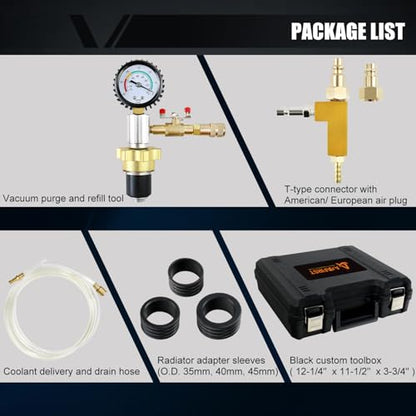 Automotive Radiator Coolant Vacuum Refill Tool Kit, Engine Cooling System Vacuum Purge & Fill Tool Set with Universal Adapters (O.D. 32mm 35mm 40mm 45mm) for Car SUV Truck Airlift, Black Case - color: Black Case