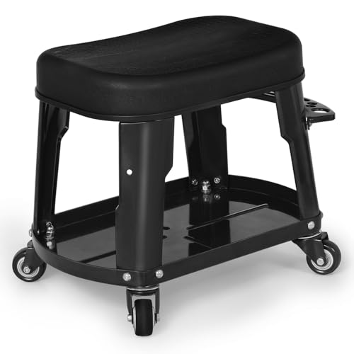 Magshion Garage Shop Roller Seat with Built-in Tool Holder & Tray – Heavy-Duty 300 Lbs Capacity Mechanics Rolling Stool with Wheels for Workshop & Auto Repair (Black) - color: Black, size: 16.5"x14"