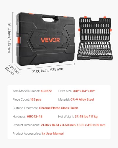 VEVOR Socket Set, 163 Pieces, 3/8 & 1/4 & 1/2 inch Drive Socket Tool Set, SAE and Metric, Deep and Standard, Mechanic Tool Kit with Storage Case, Chrome Plated CR-V Alloy Steel, for Automotive Repair - size: 1/4"&3/8"&1/2", style: 163 PCS