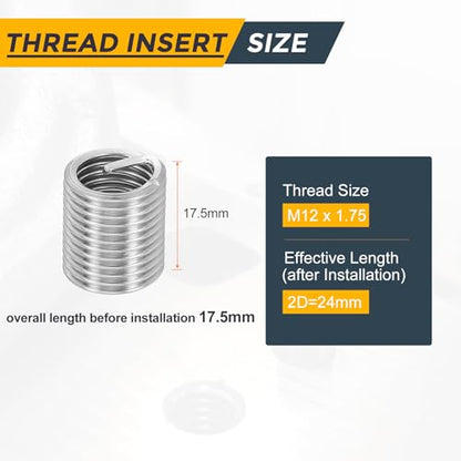 HARFINGTON 20pcs Wire Thread Repair Inserts M12 x 1.75 x 2D (24mm) Metric 304H Stainless Steel Helical Coiled Wire Screw Threaded Sleeve Sheath for Automotive Repairs - size: M12 x 1.75 x 2D