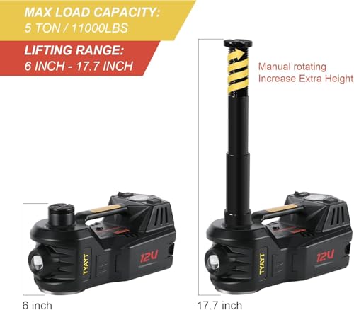 Electric Car Jack Kit 5 Ton 12V Floor Jack with Impact Wrench and Tire Inflator Pump Portable Hydraulic Car Jack for SUV Sedans Tire Change with LED Light, Lifting Height 6 to 17.7 Inch (Black)