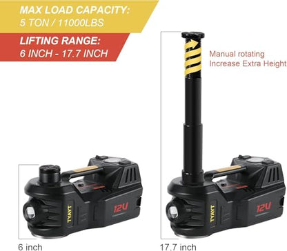 Electric Car Jack Kit 5 Ton 12V Floor Jack with Impact Wrench and Tire Inflator Pump Portable Hydraulic Car Jack for SUV Sedans Tire Change with LED Light, Lifting Height 6 to 17.7 Inch (Black)
