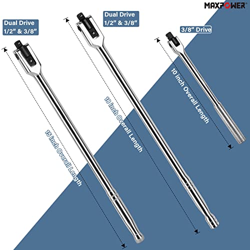 MAXPOWER 3-pieces Breaker Bar Set 10" 15" 18" | Dual Drive 1/2" and 3/8" Breaker Bars, Flexible Flex Handle Phosphate Head - size: Set: 10 inch, 15 inch, 18 inch