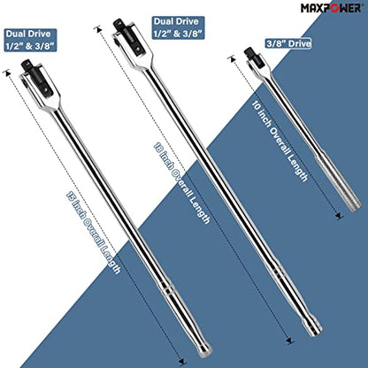 MAXPOWER 3-pieces Breaker Bar Set 10" 15" 18" | Dual Drive 1/2" and 3/8" Breaker Bars, Flexible Flex Handle Phosphate Head - size: Set: 10 inch, 15 inch, 18 inch