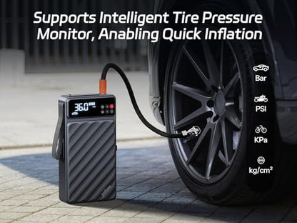 Pelsee 6000A Jump Starter with Air Compressor, Up to 10L Gas/8L Diesel Car Jump Box with 45W Fast Charge, Smart Tire Inflator & 800LM LED Light