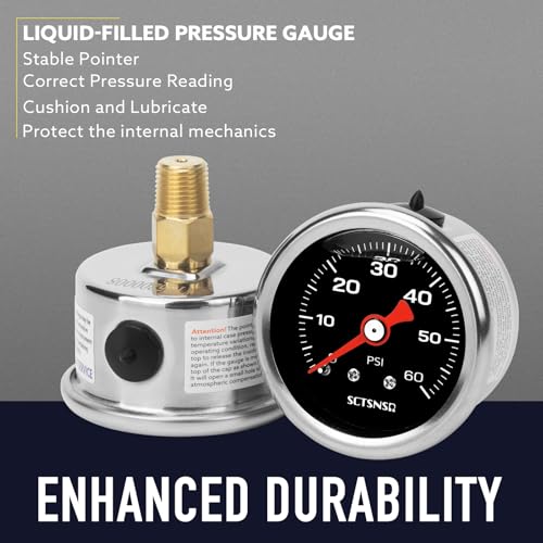 0-60 Psi Fuel Pressure Gauge, 1.5" Black Dial, 1/8" NPT Back Mount, Stainless Steel Case, Glycerin Liquid Filled, Inline Low Pressure Gauge, for Oil Water Air Pressure Test - size: 0-60 Psi, style: Back Mount (Black Dial)