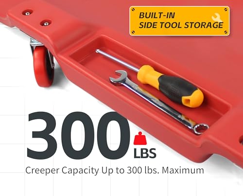 MAXWORKS 50874 40 Inch Plastic Rolling Garage Creeper with Padded Headrest and Dual Tool Trays, 300 Lbs - style: Rolling Creeper