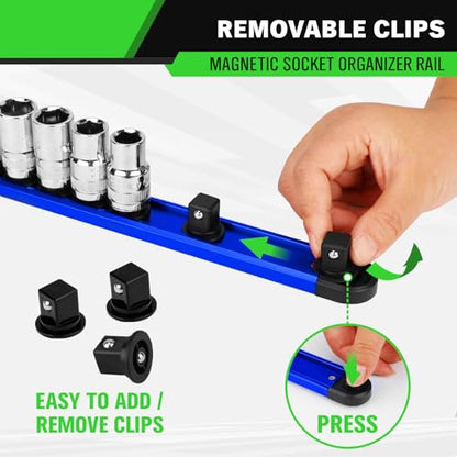 4-Piece Magnetic Socket Organizer Kit, 1/4'' 3/8'' 1/2'' Heavy Duty Socket Holder Holds 40 Clips, Aluminum Sockets Rail for Tool Box Drawer with 1/4'' Slidable Drill Bit Organizer Holds 40 Bits - style: Multi-Color 4-Piece