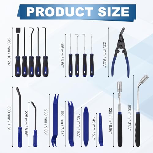 17Pcs Hook and Pick, Rotary Head Magnetic Pickup Tool Clip Pliers Plastic Pry Pieces Large Small Hook Pry Bar Gasket Scraper for Remove Hoses Gaskets Car Panel Fastener, Blue - color: Blue