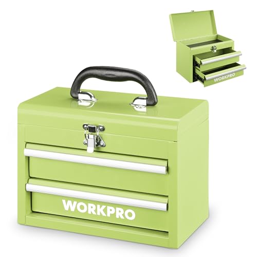 WORKPRO Portable Mini Tool Box, 2 Drawers Metal Tool Chest with Ball Bearing Slides, Top Storagewith Latch, Ergonomic Carrying Handle, Mechanic Toolbox with PVC Liners and PP Feet Pads - color: Macaron Green