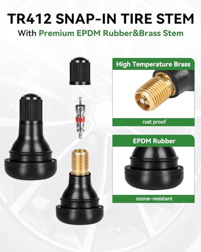50 Pcs TR412 Snap-in Tire Valve Stems, EPDM Rubber Tubeless Valve Stems Fit 0.453" (11.5mm) Rim Holes for Passenger Cars, SUVs, ATVs, RVs - size: TR412