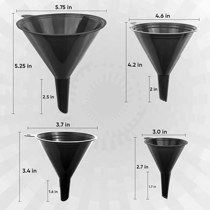 LIQVEE™ Funnels for Kitchen Use – Black Set in 4 Sizes (122, 101, 76 & 50mm) | Durable, Non-Toxic Food Grade Plastic – Ideal for Filling Bottles, Jars & Containers | Perfect for Kitchen, Garage & Labs