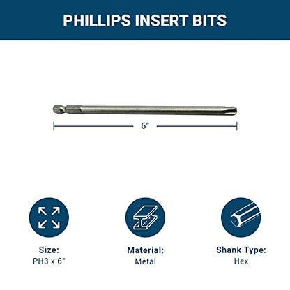 Benchmark Abrasives 1/4 Inch Hex Anti Slip Phillips Insert Screw Head Screwdriver Bits, Rotary Drill Bits for Repairing Electronics, Automotive Parts, Furniture (50 Pack) - (PH3 x 6") - size: PH3 x 6"