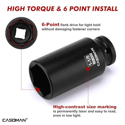 CASOMAN 14PCS 1/2" Drive Deep Impact Socket Set, SAE, 6-Point, CR-MO, 3/8" to 1-1/4", for Auto Repair, Mechanic, with Portable Case, Easy-to-Read Size Markings, Rugged Construction - size: 9.5mm to 31.8mm