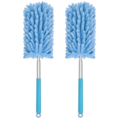 Mini Duster for Cleaning, 360° Bendable Hand Dusters with Extension Pole, Washable Small Duster for Car Interior, Office, Furniture - color: 2 Pack Blue