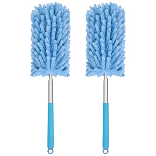 Mini Duster for Cleaning, 360° Bendable Hand Dusters with Extension Pole, Washable Small Duster for Car Interior, Office, Furniture - color: 2 Pack Blue