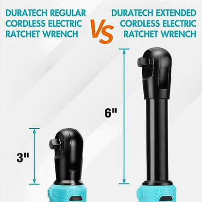 DURATECH Extended Cordless Ratchet Wrench, 3/8" 12V 44 Ft-Lbs Long Neck Electric Ratchet Wrench with 2-Pack 2.0Ah Li-Ion Battery, 1 Hour Fast Charger, 10 Sockets Accessories & Variable Speed Trigger - style: Extended Head