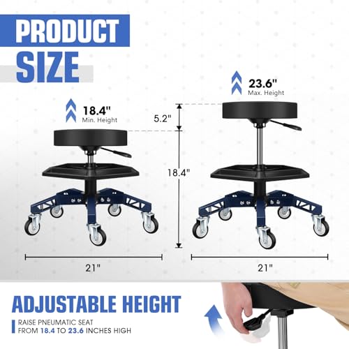DNA Motoring Rolling Shop Stool, Adjustable Height Padded Rolling Seat, Pneumatic Roller Mechanic Stool for Garages, w/Tool Storage Tray, 300lbs Capacity, TOOLS-00636-BK-BL - style: Blue Tray Model