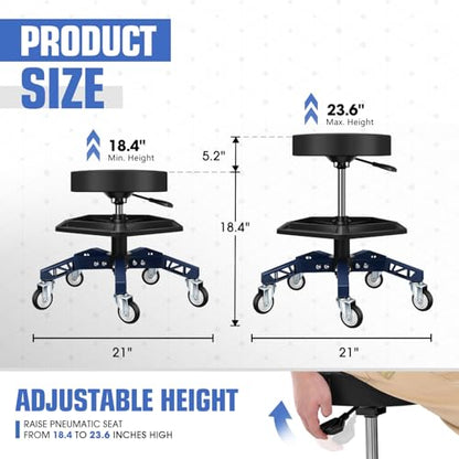 DNA Motoring Rolling Shop Stool, Adjustable Height Padded Rolling Seat, Pneumatic Roller Mechanic Stool for Garages, w/Tool Storage Tray, 300lbs Capacity, TOOLS-00636-BK-BL - style: Blue Tray Model