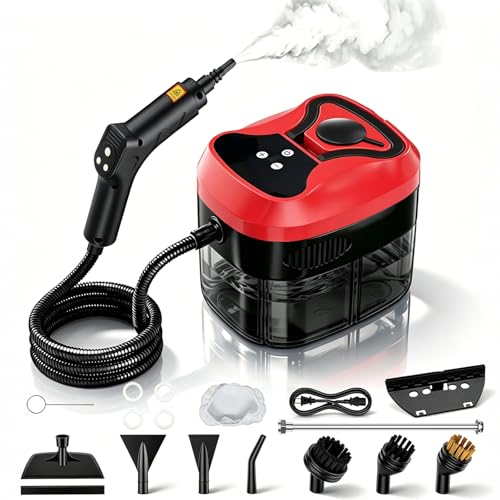 Handheld Steam Cleaner, 6-Level Adjustable Handle, 15s Heat-Up, 1800W High-Pressure Steamer for Cleaning with 1.6L Large Tank, Portable Steam Cleaner for Home, Car, Grout, Couch, Floor (Red) - color: Red