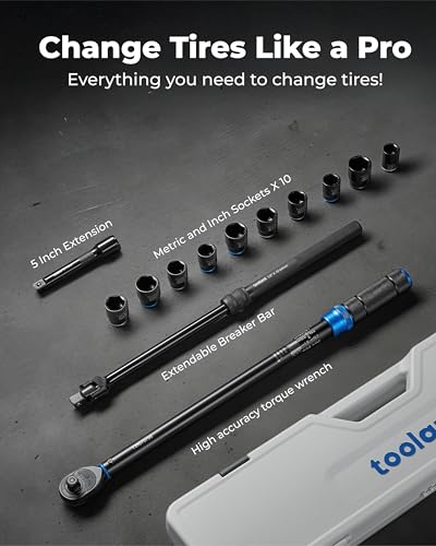 toolant 13PCS 1/2 Inch Click Torque Wrench Set, Gift for Men, 25-250 FT.-LB/33.9-339.0 Nm, With Breaker Bar & 5-Inch-Extension & 10 Sockets, Tire Repair Tool Set